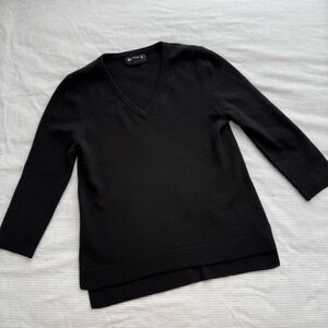 Black Cashmere V-neck Sweater Womens Small 3/4 Sleeves Monochrome Heritage Prep